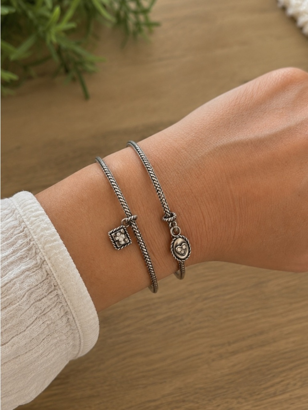 Brighton Heart & Soul Silver Plated Stacked Bangles with Swarovski Crystal Charm